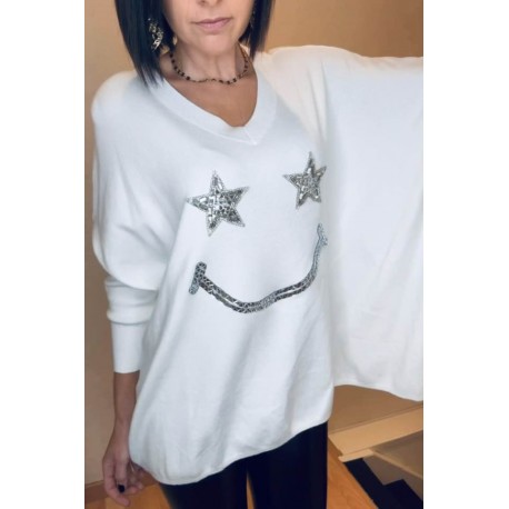 Pull Blanc smile strass