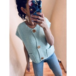 Pull sans manches aqua boutons dorés